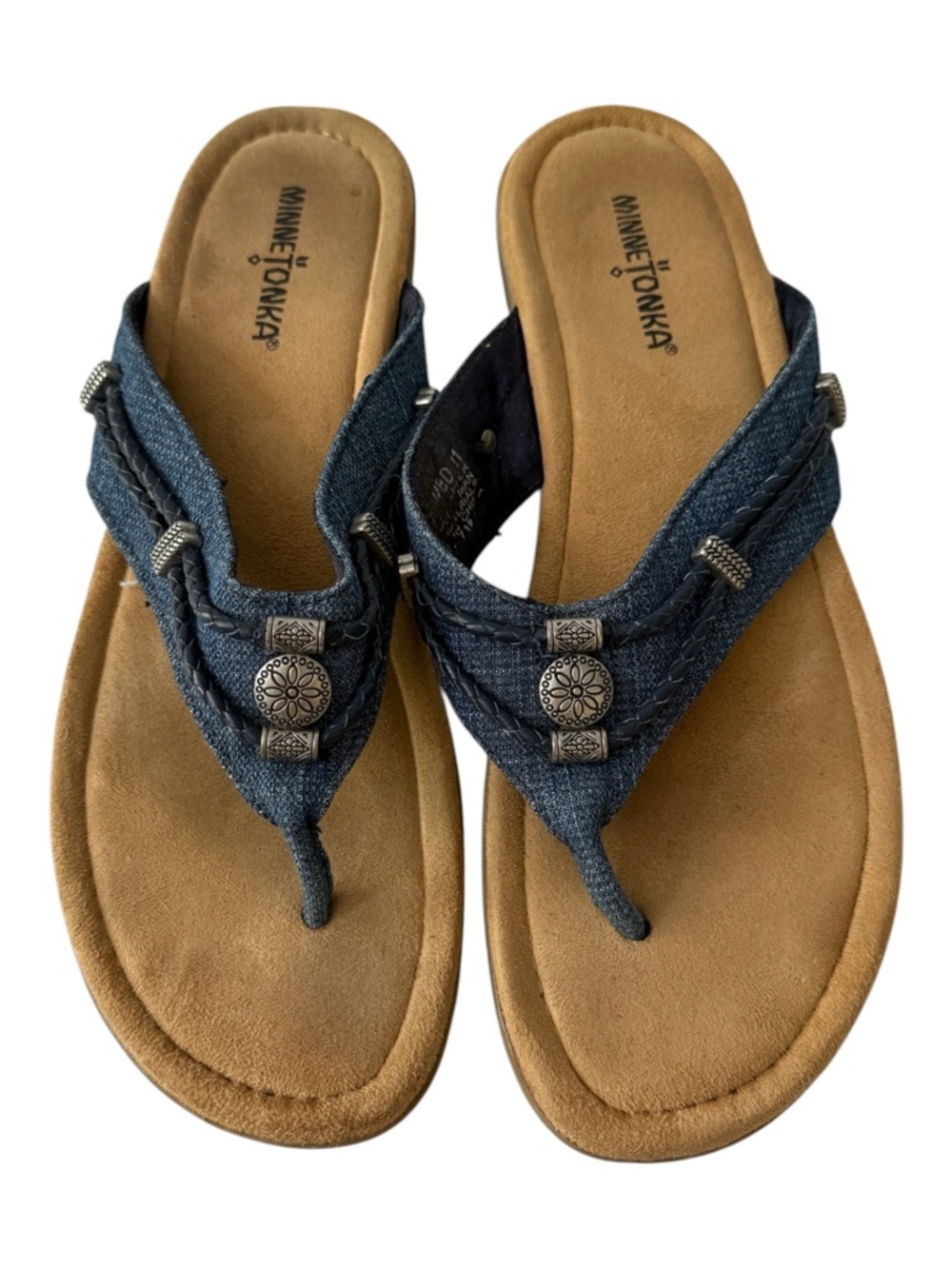 Minnetonka Denim Beaded Thong Sandals Comfort Footbed Boho Size 11